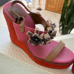 Tory Burch Pink and orange Floral crystal Wedges